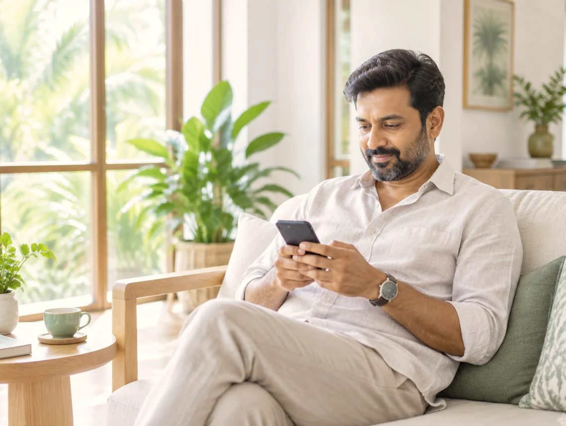 A man at home typing a WhatsApp message to an Aira Life Coach