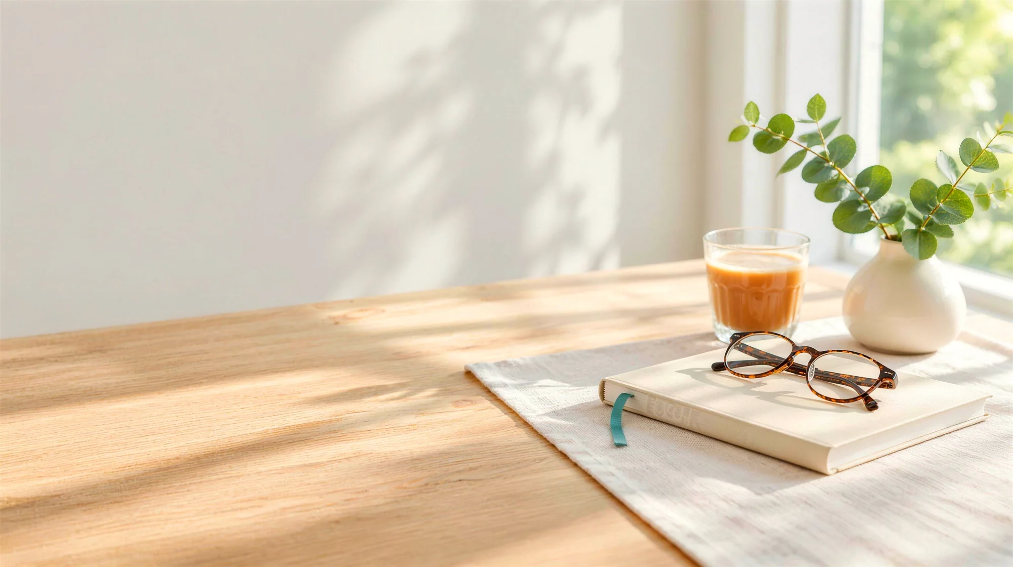 A cream report folder with reading glasses and a cup of chai on a sunlit table
