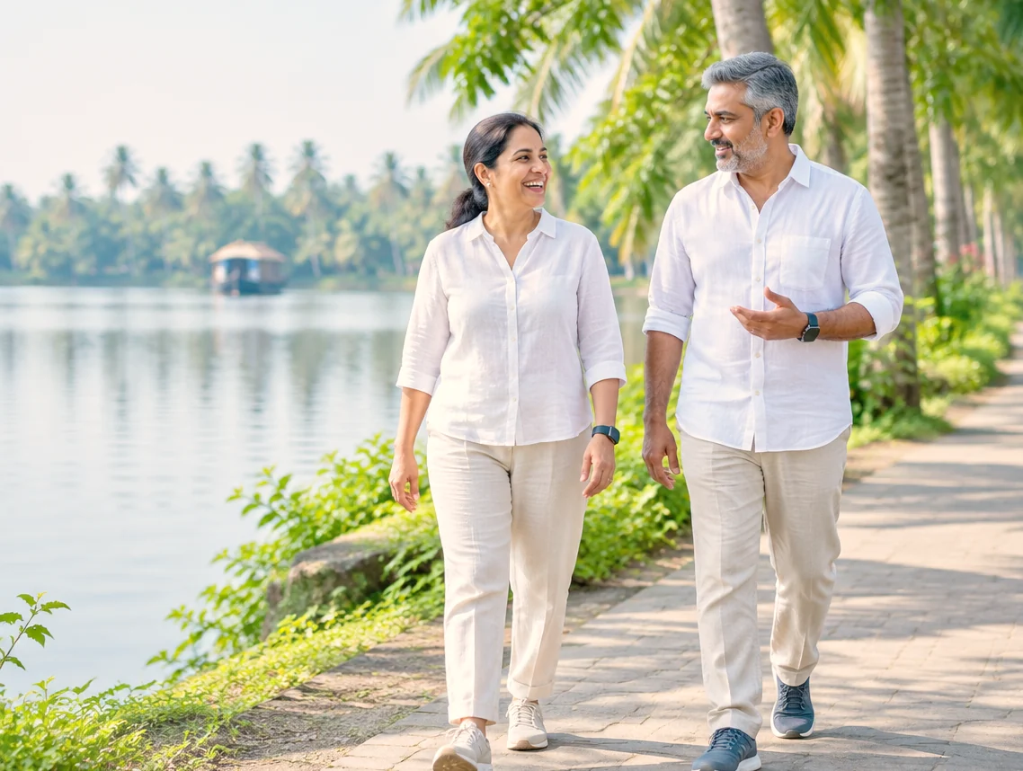 A couple in their fifties on an easy morning walk beside a Kerala backwater