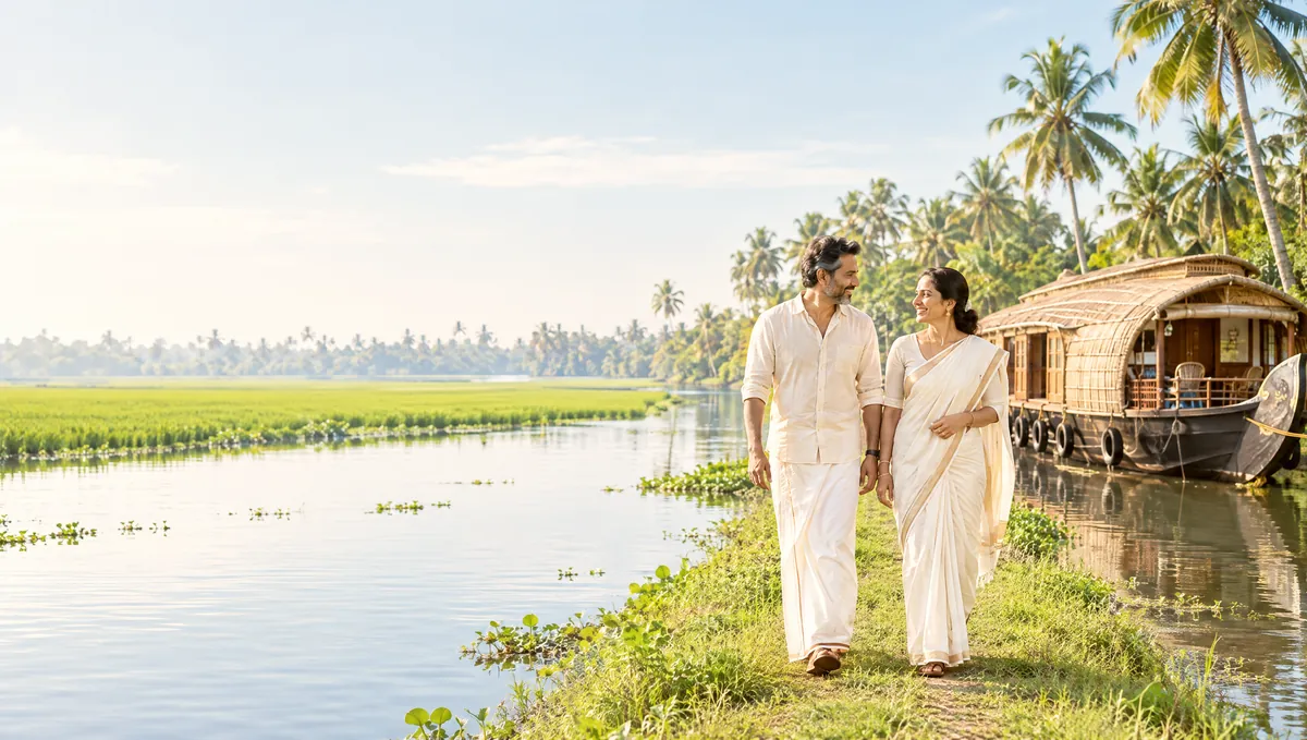 An Indian couple walking along a canal bund between paddy fields and a moored houseboat in the Alappuzha backwaters