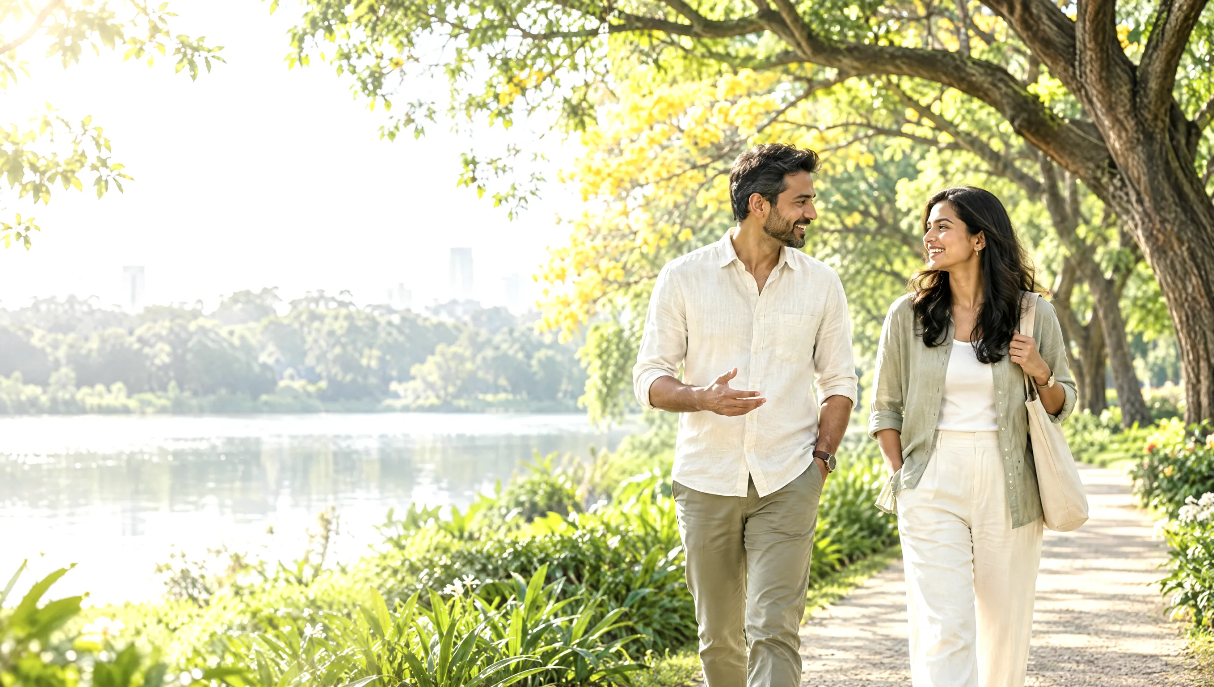 An Indian couple walking on a leafy park path by a lake in Bengaluru in morning light