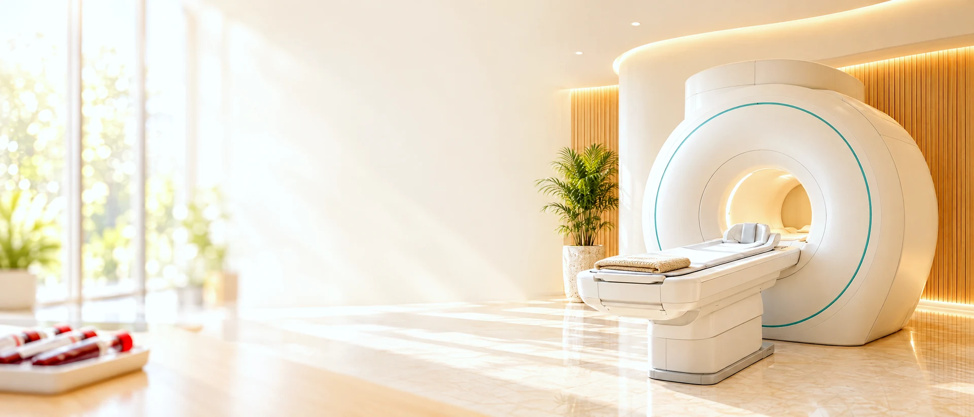 Blood sample vials in front of a sunlit Whole Body MRI suite