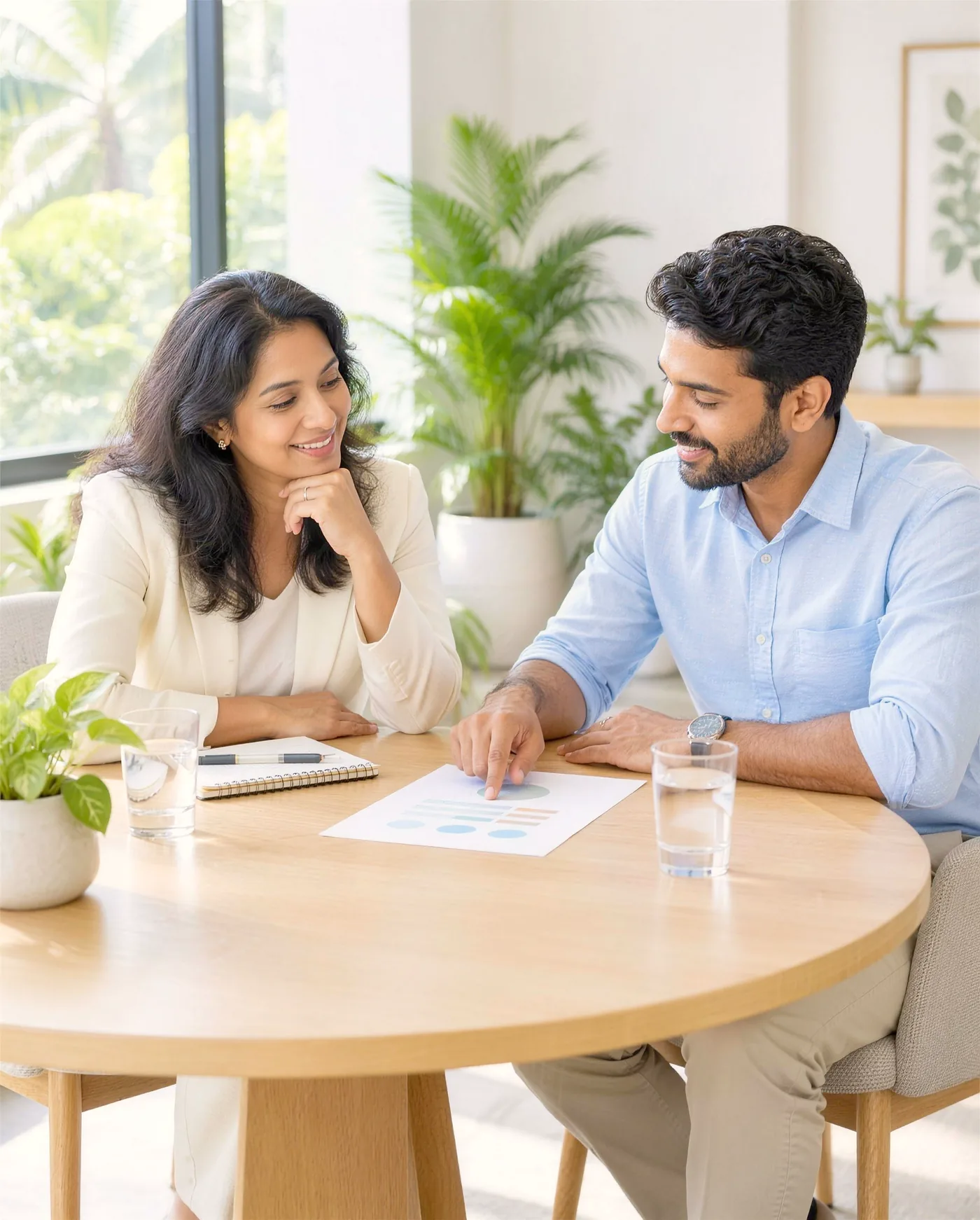 An HR lead and a wellness advisor reviewing a one-page plan at a sunlit office table