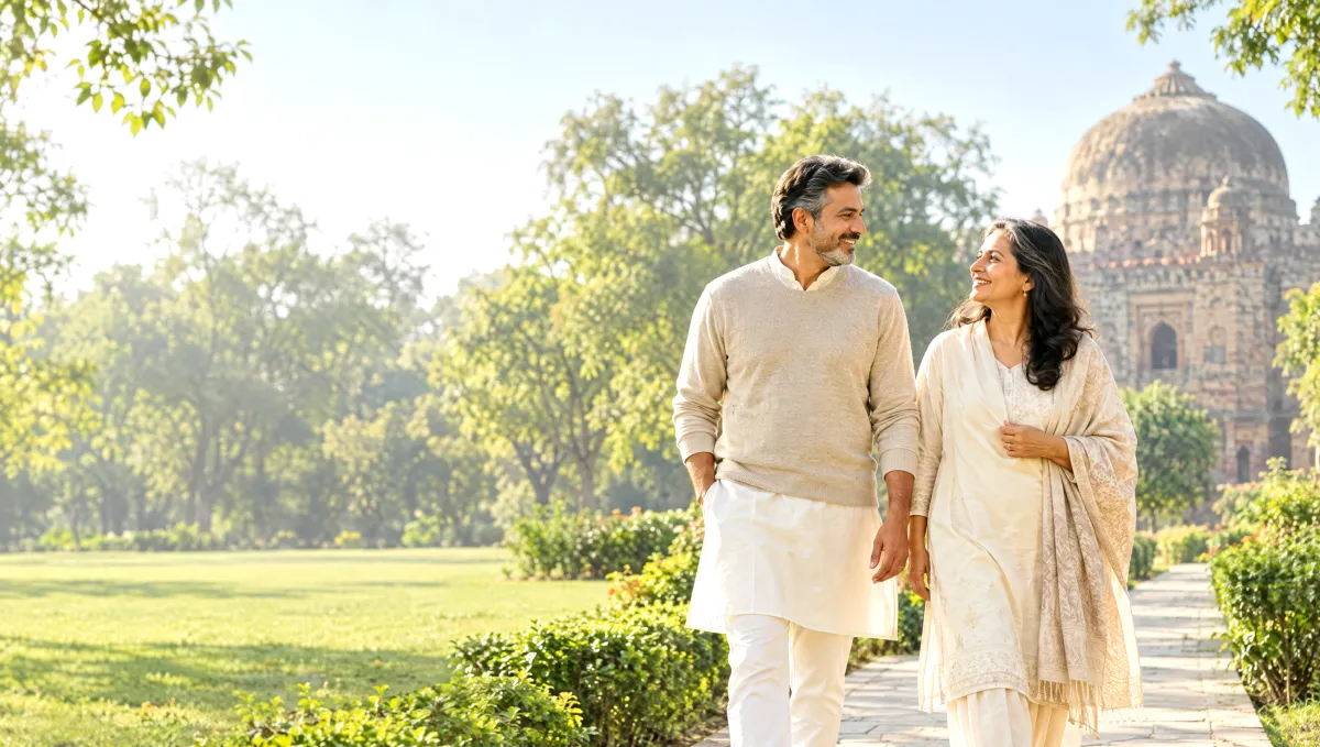 An Indian couple walking through Lodhi Garden in Delhi on a bright winter morning