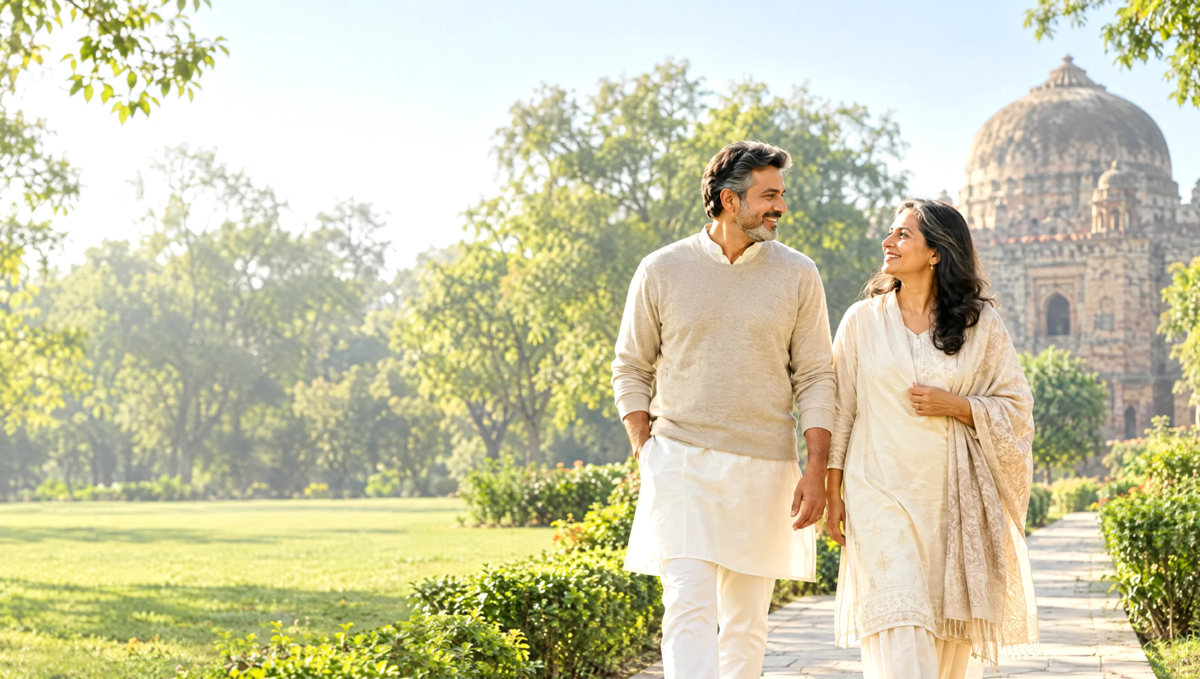 An Indian couple walking through Lodhi Garden in Delhi on a bright winter morning
