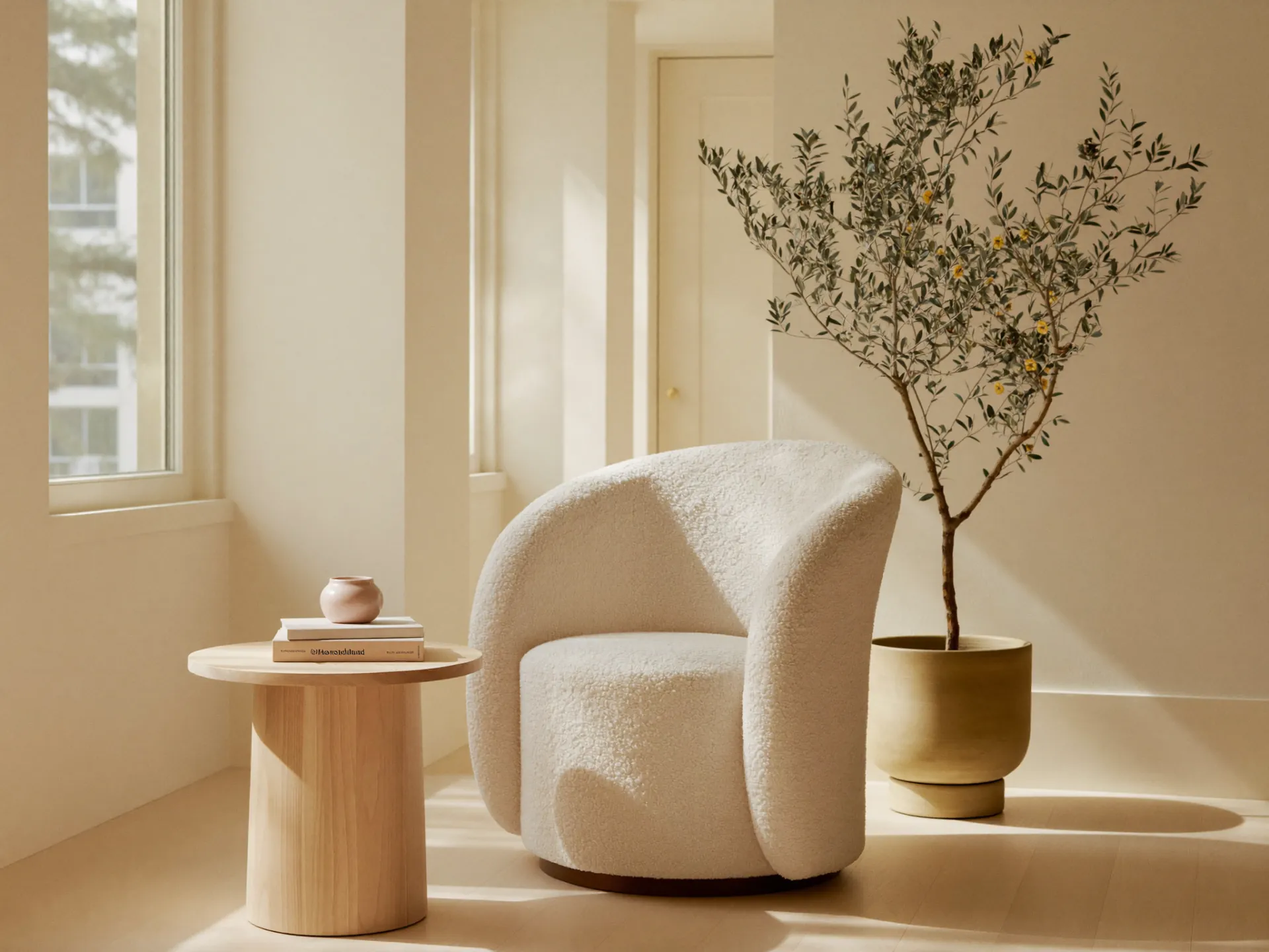 A calm, sunlit lounge corner with a cream armchair, a wooden side table and an olive tree
