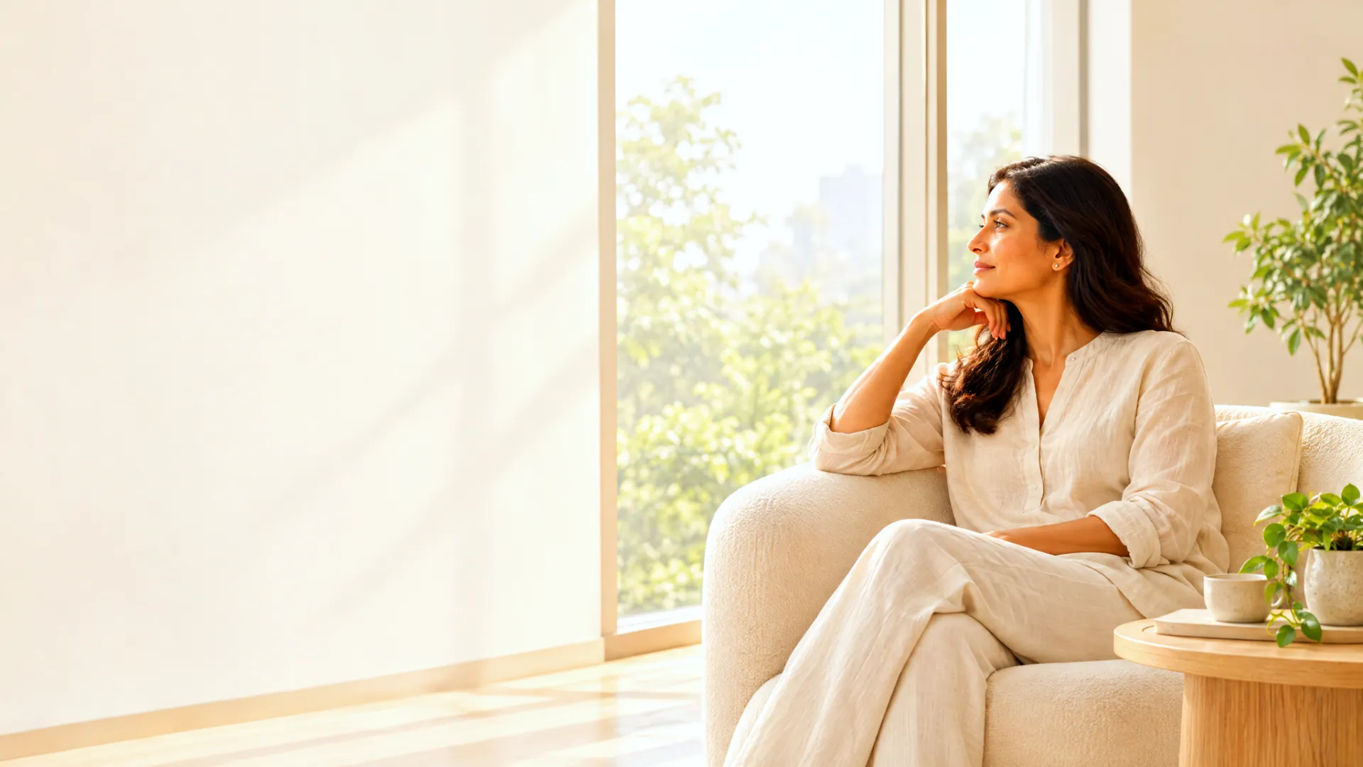 A woman sitting calmly in sunlight by a window