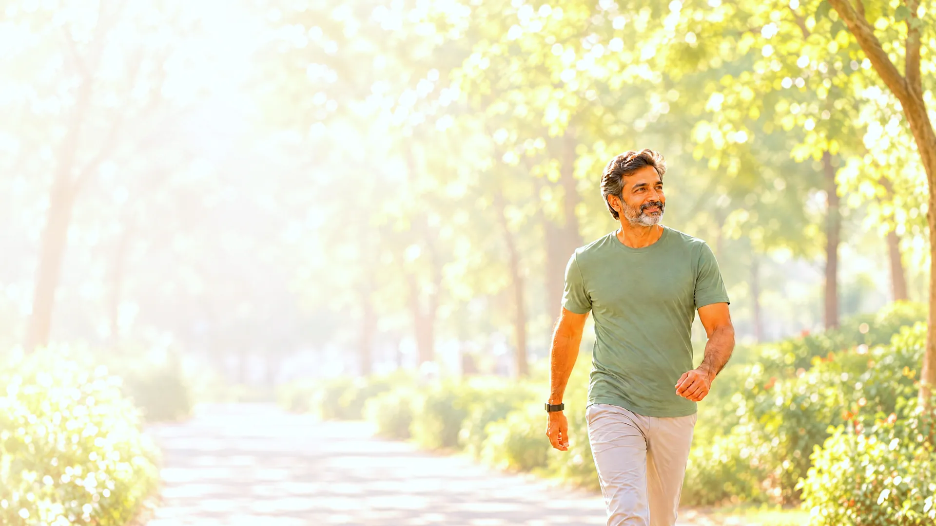A man walking briskly on a tree-lined path at sunrise