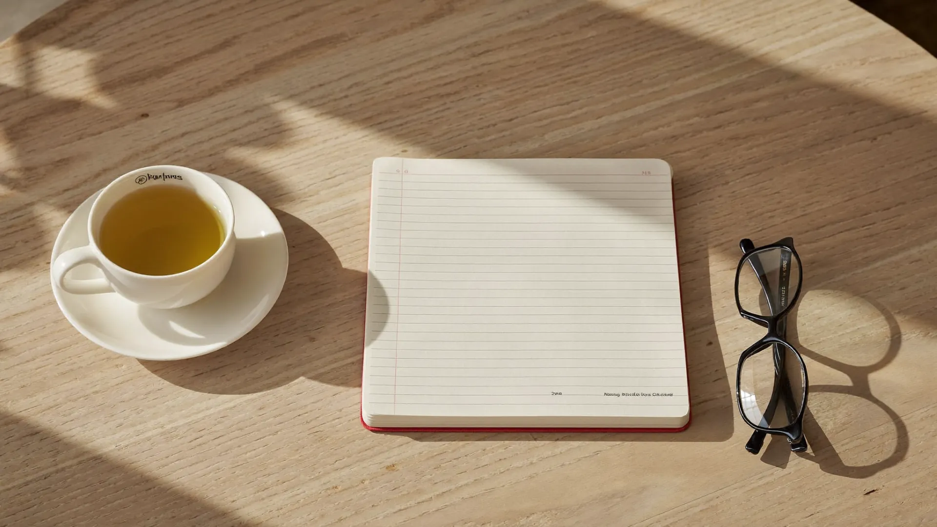 A cup of tea, a notebook and reading glasses on a sunlit wooden table
