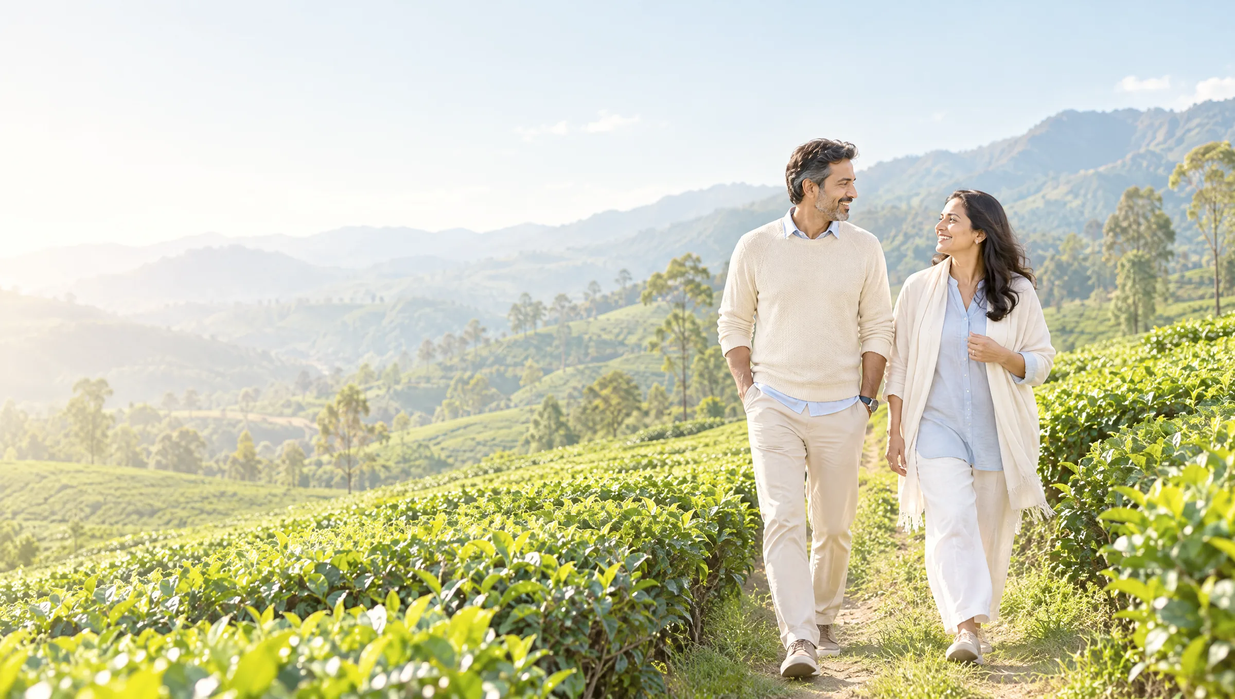 An Indian couple walking along a narrow path through bright green tea estates in the hills of Idukki near Munnar