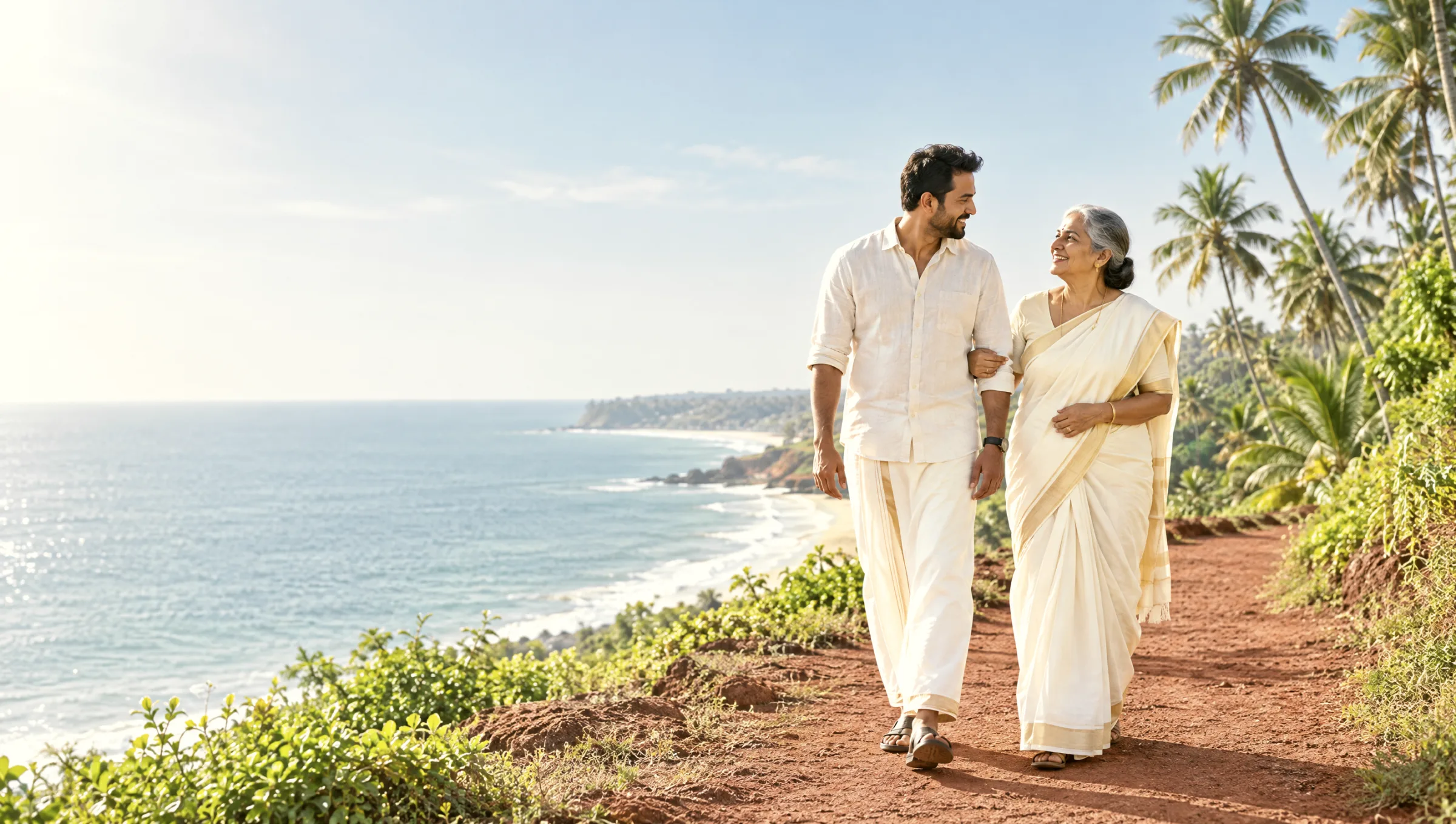 A man home from the Gulf walking with his mother along the cliff path above Payyambalam beach in Kannur