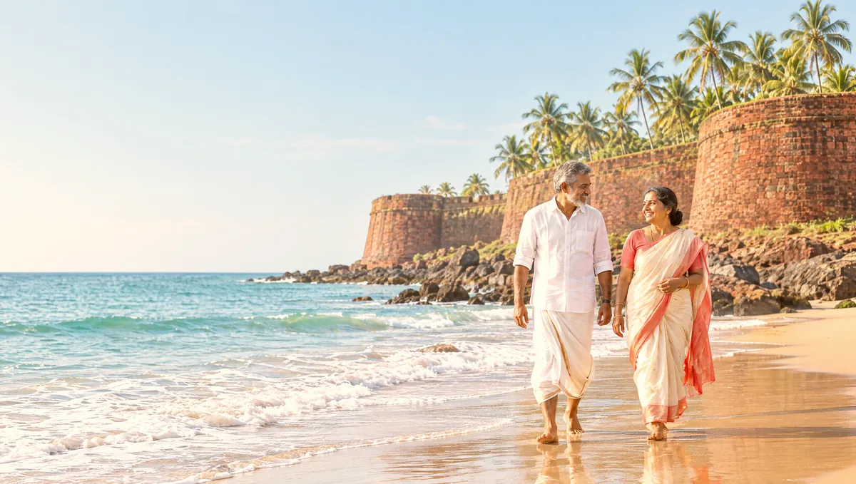 An Indian couple walking barefoot along the beach beneath the laterite walls of Bekal Fort in Kasaragod