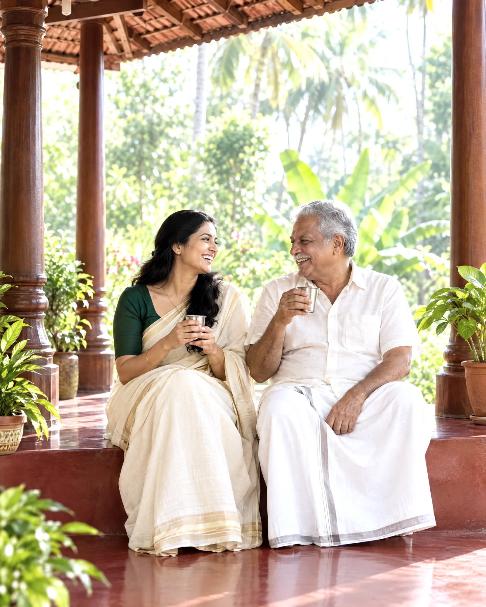 A woman sharing tea and a laugh with her father on the veranda of a Kerala home in morning light