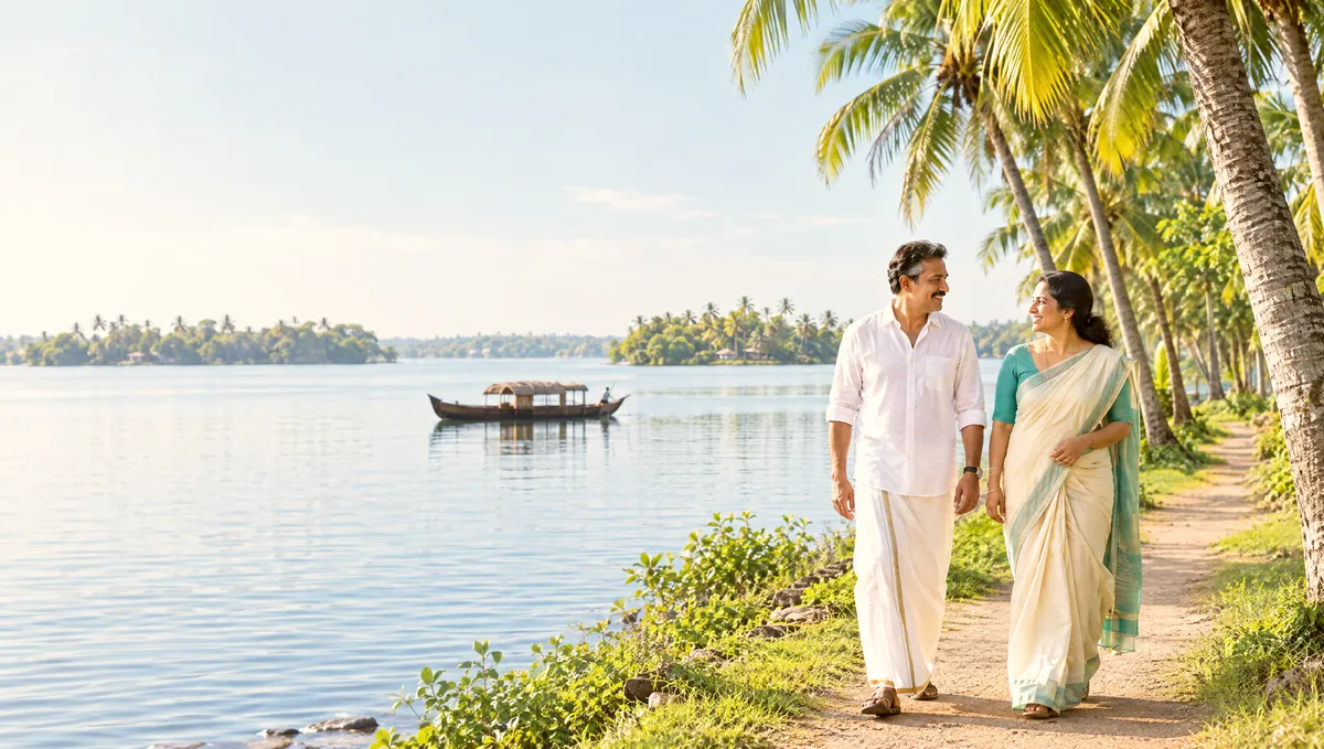 An Indian couple walking along a palm-lined path on the shore of Ashtamudi Lake in Kollam in morning light