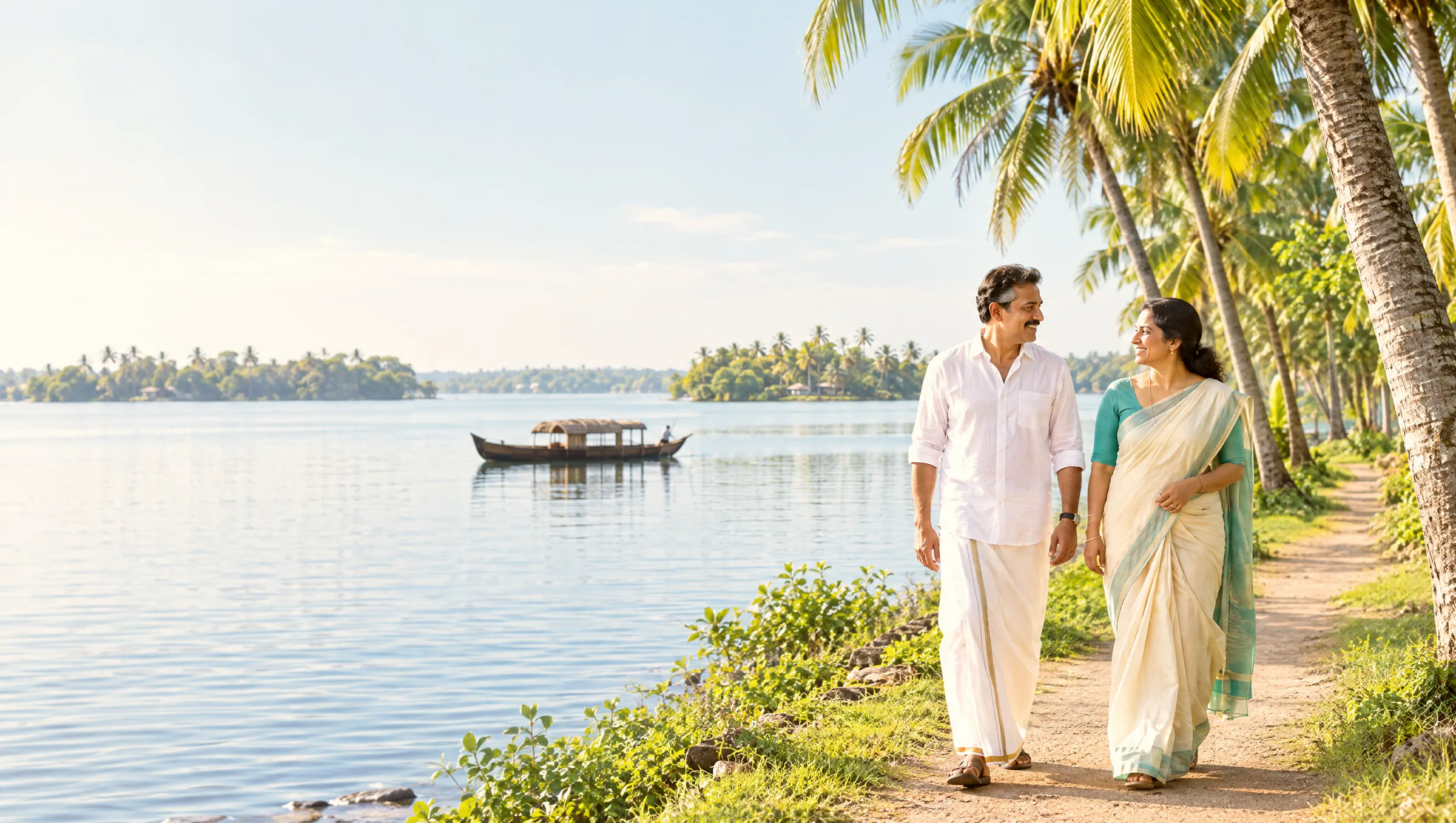 An Indian couple walking along a palm-lined path on the shore of Ashtamudi Lake in Kollam in morning light