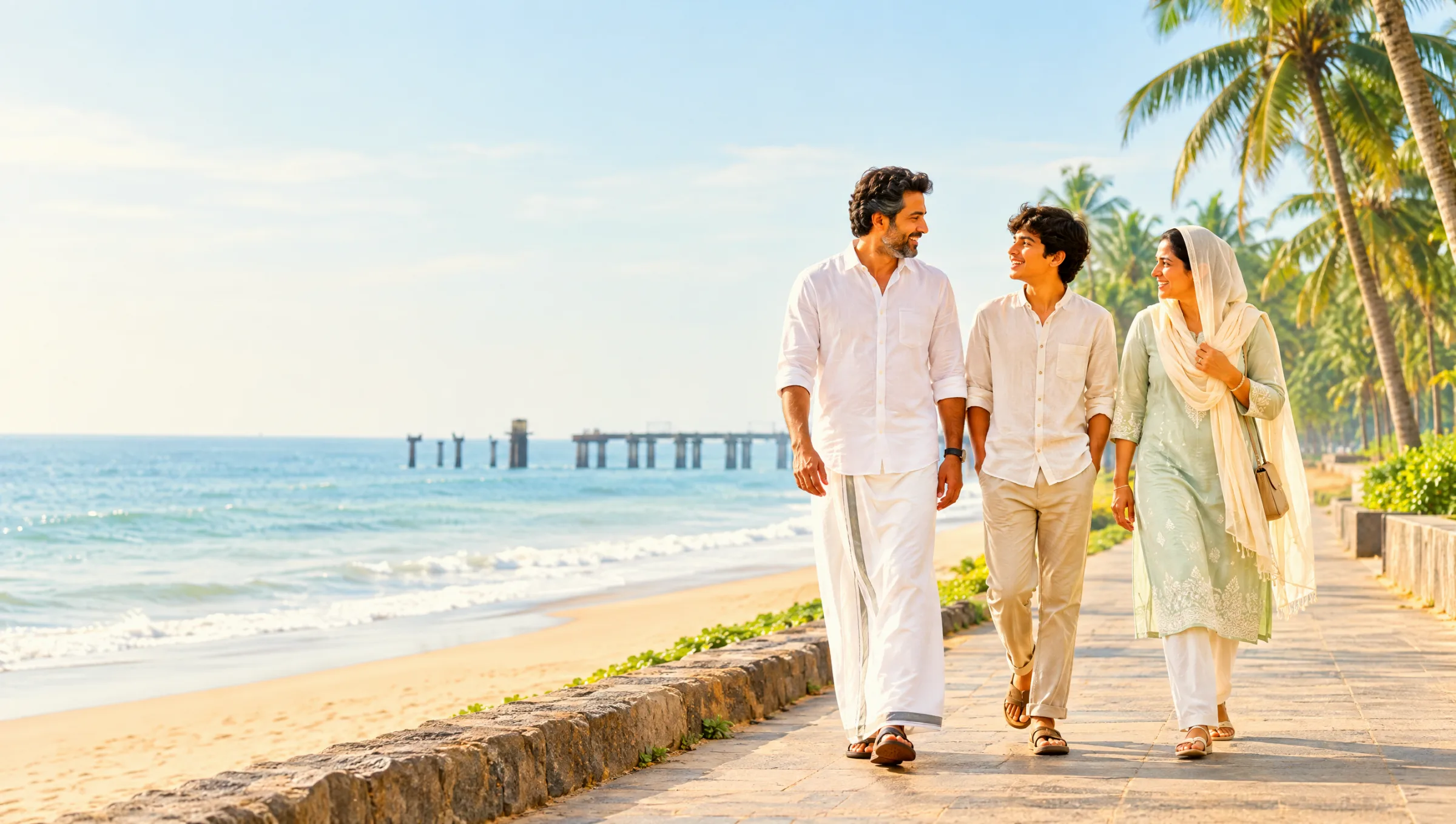 A Malabar family walking together along Kozhikode beach in bright morning light