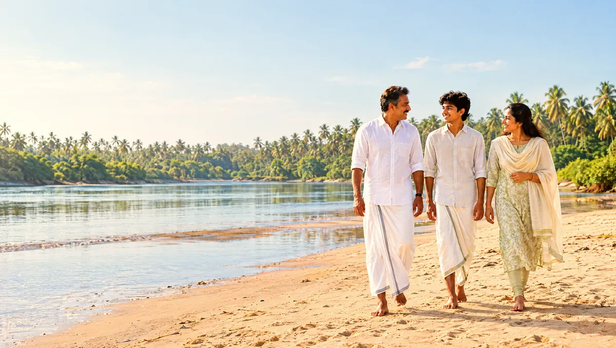 A Malabar family walking together along the sandy banks of the Bharathapuzha river in Malappuram in morning light