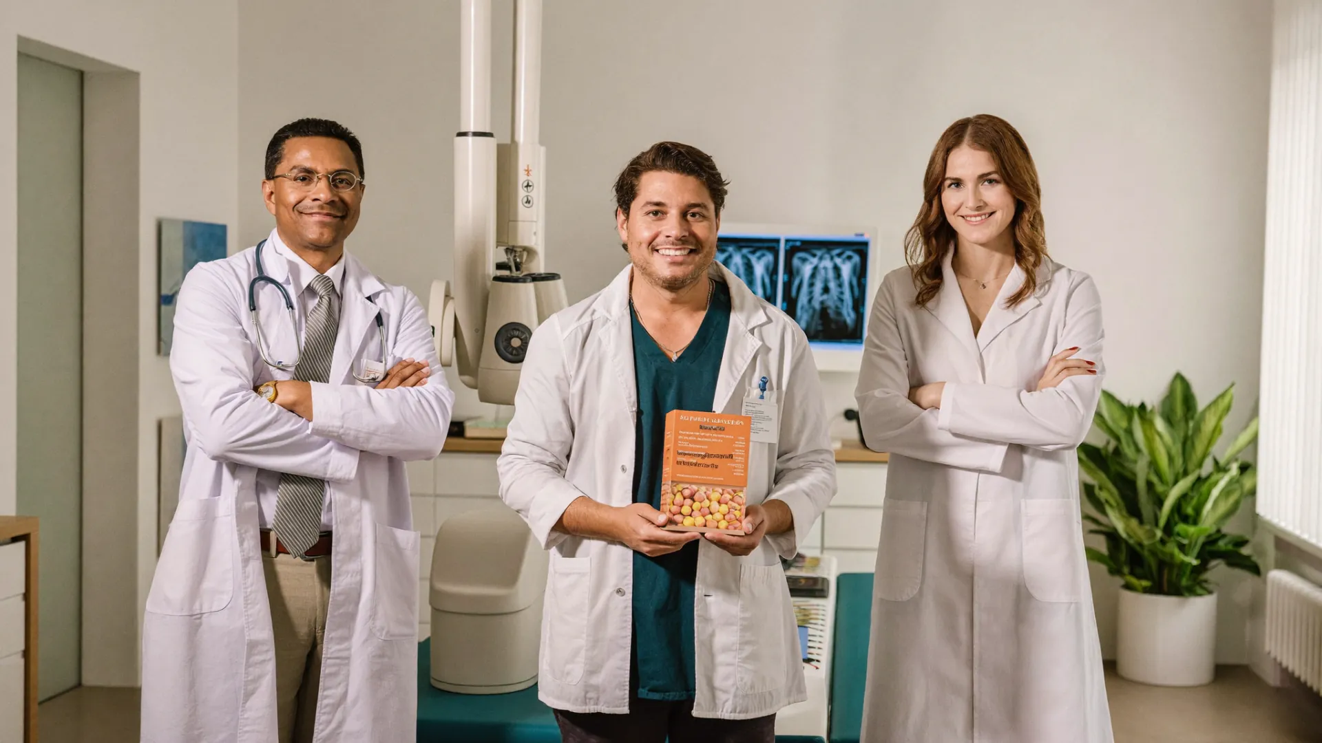 Three members of a medical team standing together in a clinic