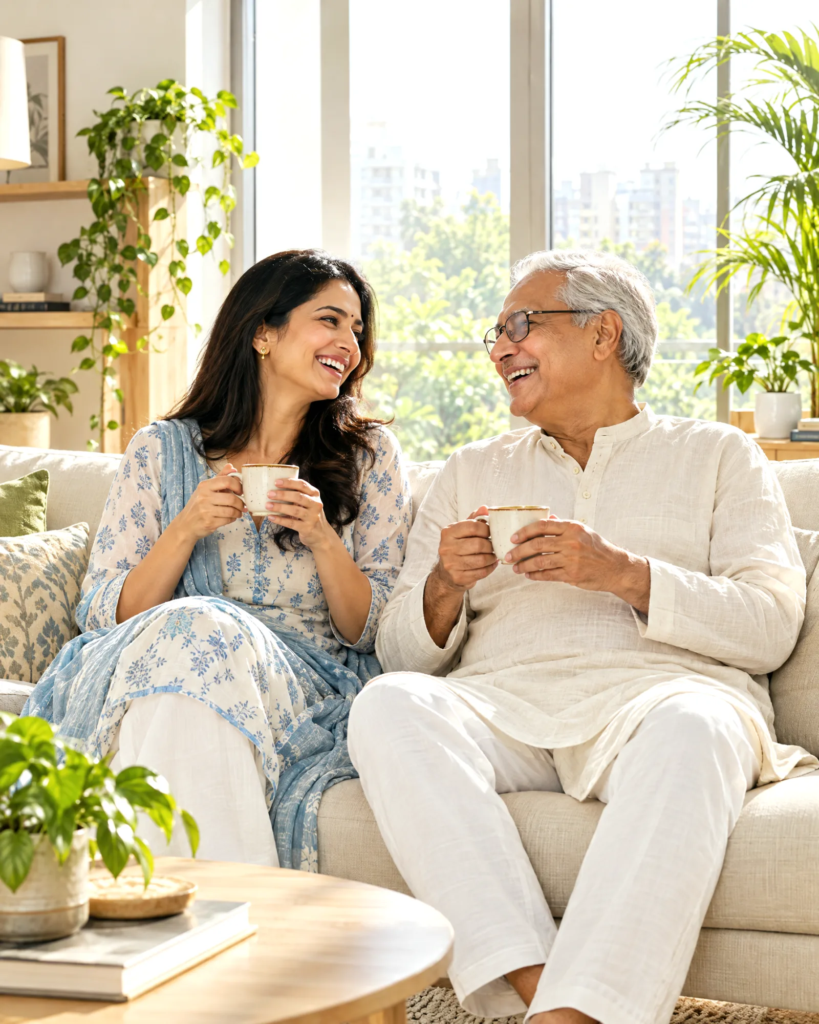 A woman sharing chai and a laugh with her father in a bright city apartment