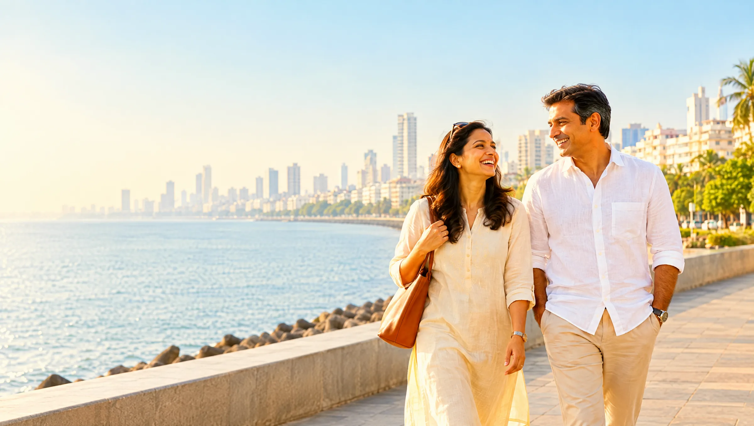 An Indian couple walking along the Marine Drive promenade in Mumbai in bright morning light
