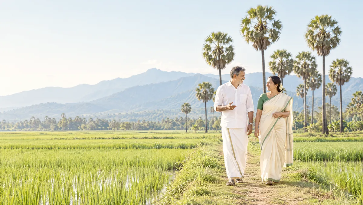 An Indian couple walking along a bund between green paddy fields and palmyra palms in Palakkad, the Western Ghats behind them
