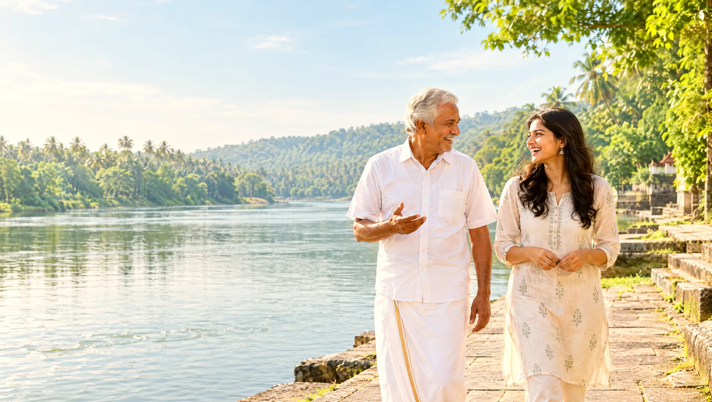 A grandfather and his granddaughter walking and laughing along the banks of the Pamba river at Aranmula in morning light