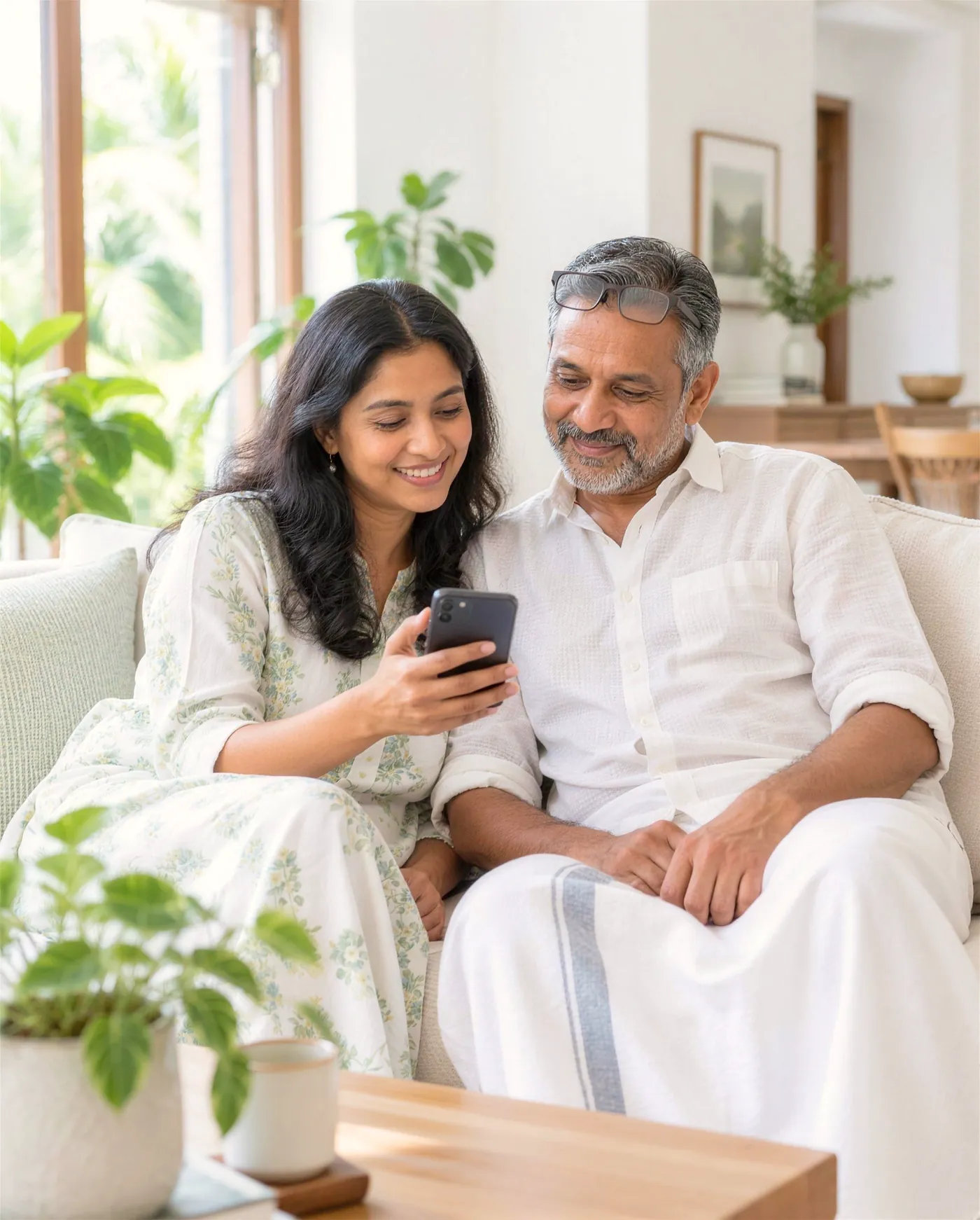 A daughter showing her father a message on her phone in a sunlit Kerala living room