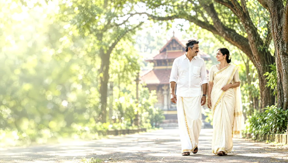 An Indian couple in kasavu and mundu walking along a sunlit tree-lined avenue in Thrissur