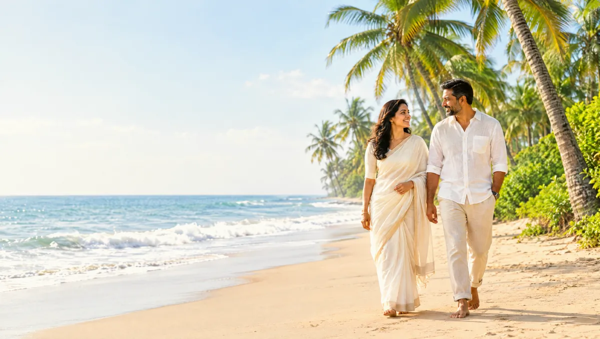 An Indian couple walking along the palm-lined Shanghumugham beach promenade in Thiruvananthapuram in morning light