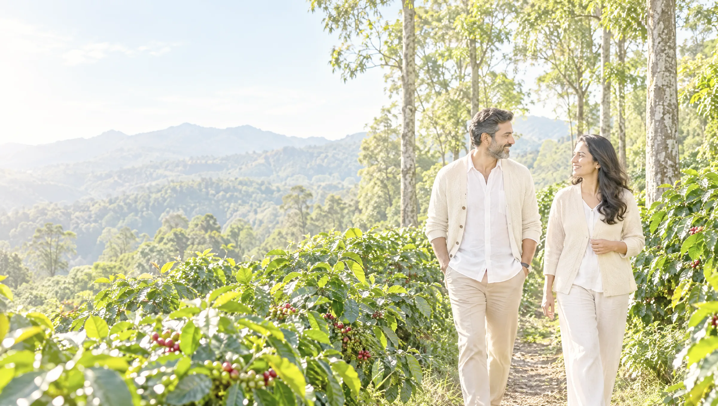 An Indian couple walking along a path between coffee bushes under silver oak trees in Wayanad, green hills behind them