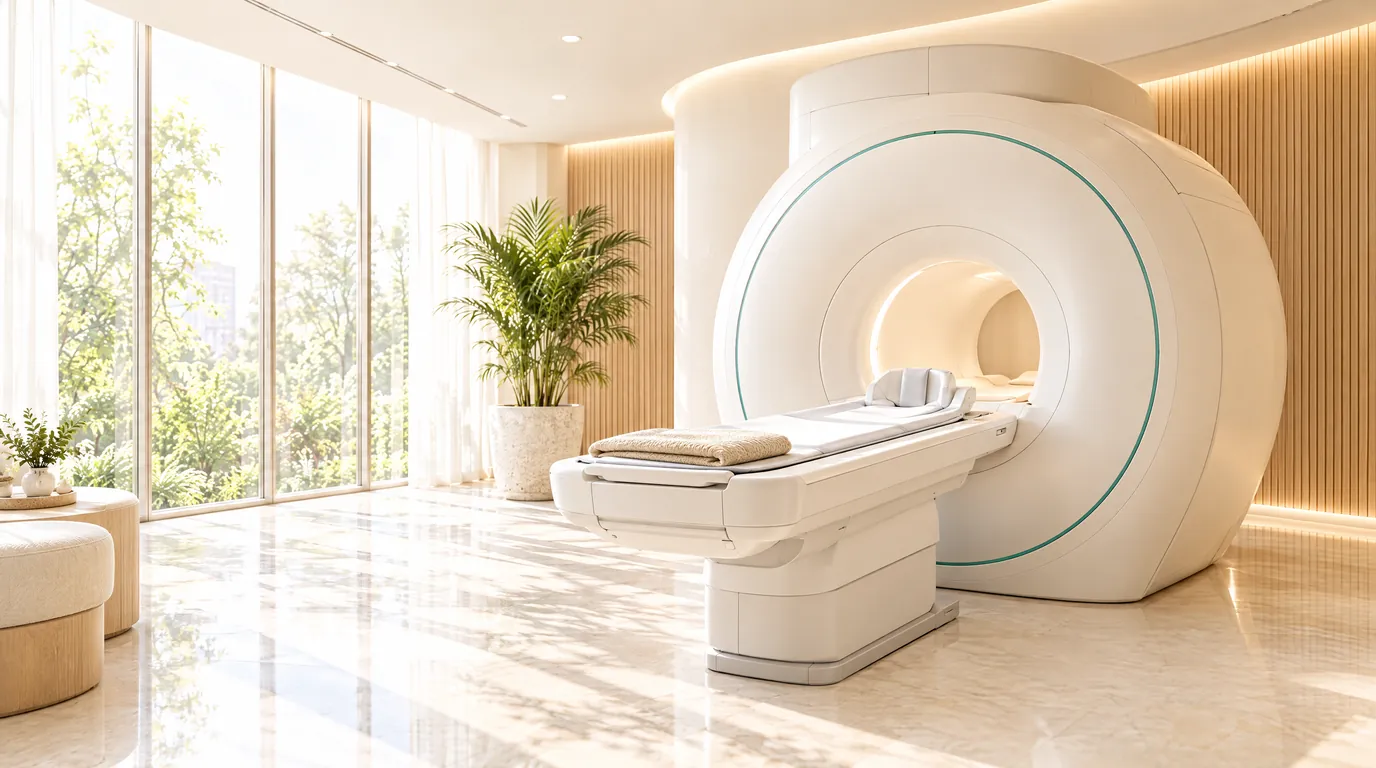 A daylit MRI suite with a wide-bore scanner, plants and pale wood
