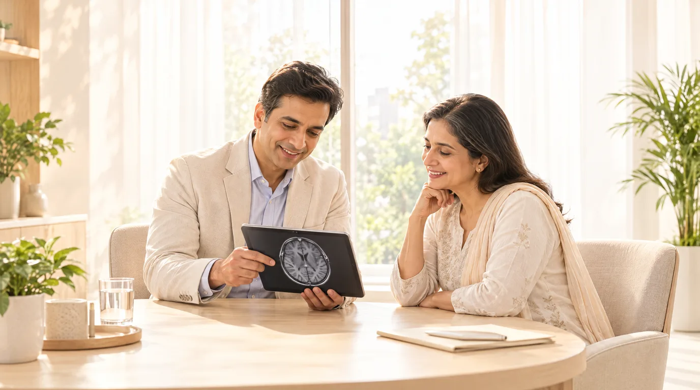 A doctor explaining scan results to a patient in a bright consultation room